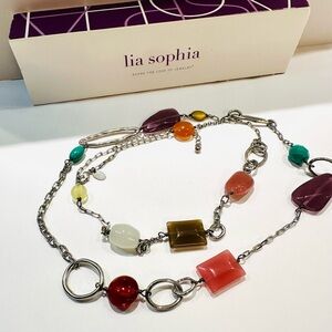 Lia Sophia Necklace Long Silver Multi Gemstone Geometric Chain 34-36” & Gift Box